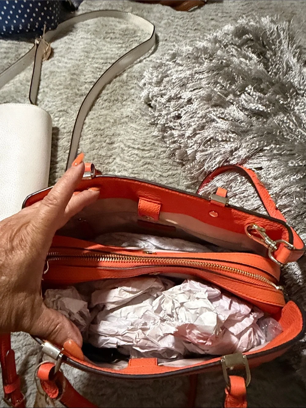 Orange Leather Tote Handbag with Removable Strap